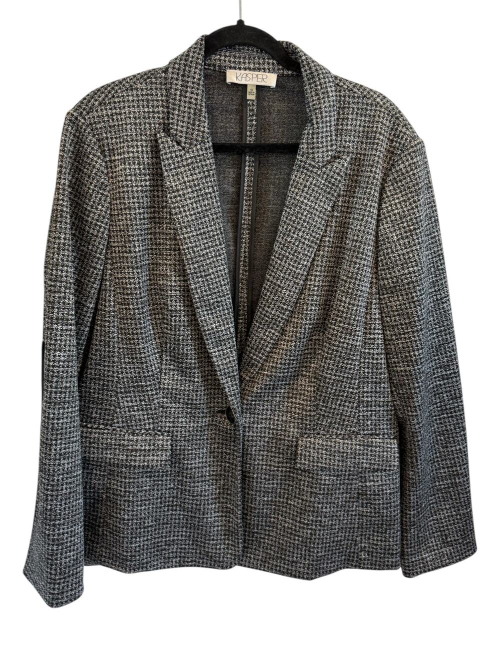 Kasper Sz 18 Gray Black Houndstooth One Button Stretch Career Blazer Elbow Patch